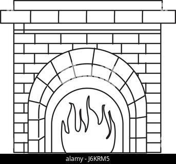 Room with fireplace outline, flat interior, contour linear drawing ...