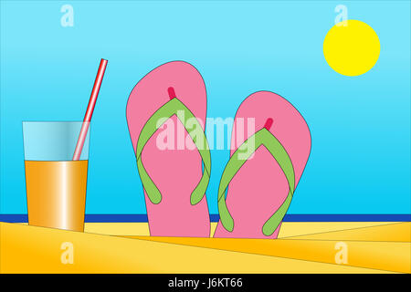 Flip-flops and orange juice on the beach Stock Photo