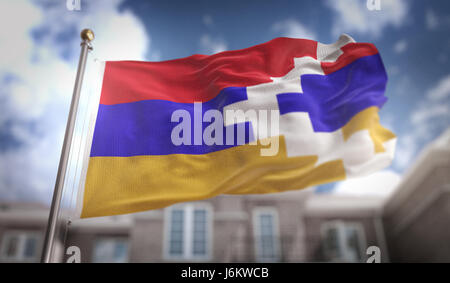 Nagorno-Karabakh Republic Flag 3D Rendering on Blue Sky Building Background Stock Photo