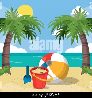 summer beach vacations bucket sand ball shovel palms sun image Stock Vector
