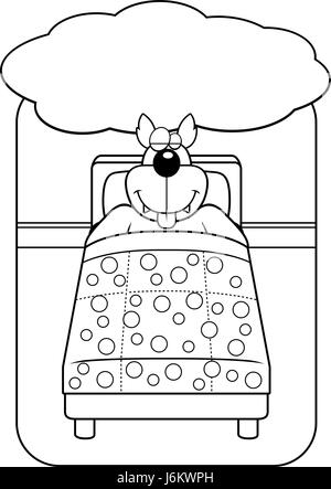 A cartoon wolf in bed dreaming and smiling. Stock Vector