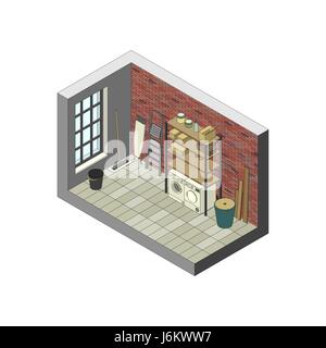 Storeroom in isometric view. Vector illustration of utility room. Stock Vector