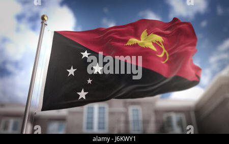 Papua New Guinea Flag 3D Rendering on Blue Sky Building Background Stock Photo