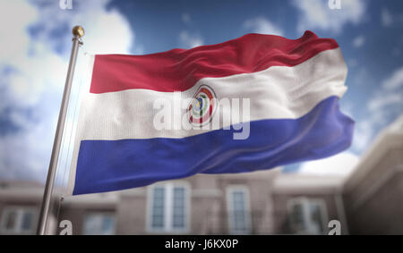 Paraguay Flag 3D Rendering on Blue Sky Building Background Stock Photo