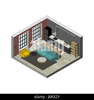 Living room interior in isometric view. Illustration of loft apartment with brick wall. Stock Vector
