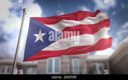 Puerto Rico Flag 3D Rendering on Blue Sky Building Background Stock Photo
