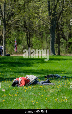 Battle of Longwoods reenactment, Anglo-American War of 1812, March 1814, reenactor, dead soldier on batlefield, Delaware, Ontario, Canada. Stock Photo