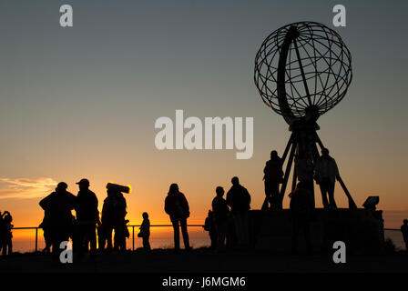 Nordkapp. Globe Monument at North Cape, Norway. Midnight at Nordkapp Stock Photo