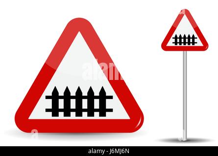 Road sign Warning railroad crossing. In Red Triangle, fence-barrier is schematically depicted. Vector Illustration. Stock Vector