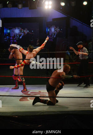 lnternational professional superstars wrestler in action during Pakistan’s first-ever international professional wrestling event Pro-Wrestling Entertainment (PWE)at Alhamra Punjabi complex in Lahore. (Photo by: Rana Sajid Hussain / Pacific Press) Stock Photo