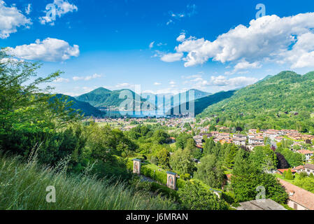 Lake Lugano, Porto Ceresio and Besano (Valceresio), Italy. Picturesque aerial view, in the background the Switzerland and the alps Stock Photo