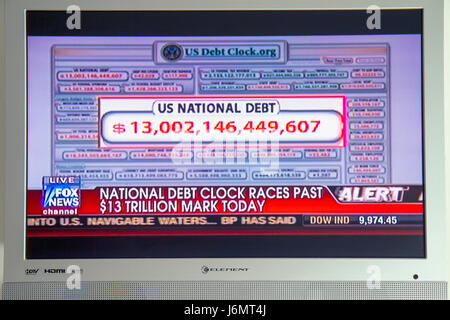 Miami Beach Florida,Fox News cable channel,national debt clock,financial crisis,borrowing,TV,television,set,screen,flat panel,cable,channel broadcast Stock Photo