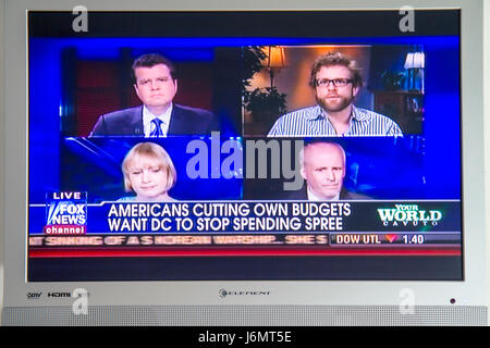 Miami Beach Florida,Fox News,cutting budget,financial crisis,government spending spree,TV,television screen,flat panel,cable,channel,media,broadcast Stock Photo