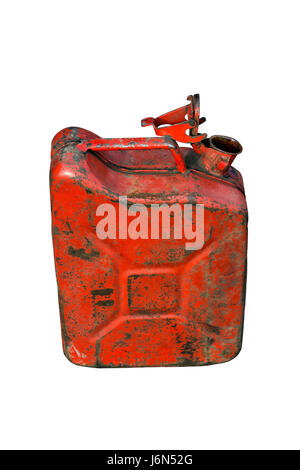 Gasoline old damaged can isolated on white background Stock Photo
