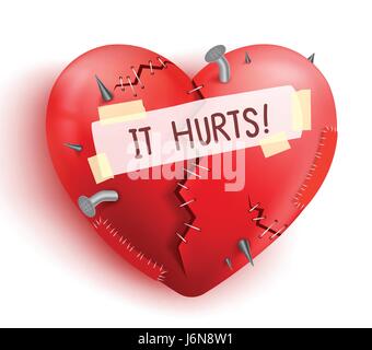 Vector Broken heart wounded in red color with stitches and patches isolated in white background. Vector illustration. Stock Vector