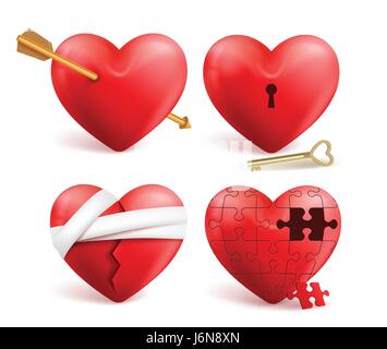 Red hearts vector set with arrows, key holes, puzzle and bandages for valentines day isolated in white background. Vector illustration Stock Vector
