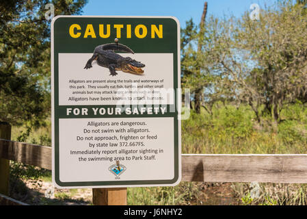 Alligator warning sign along a nature trail at Fort Clinch State Park on Amelia Island in Fernandina Beach, Florida, USA. Stock Photo