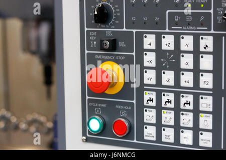 Control panel of cnc milling center. Selective focus. Stock Photo