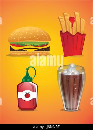 fast food collection included chess-burger,fries, ketchup bottle, soda-cup with ice cubes. Stock Vector