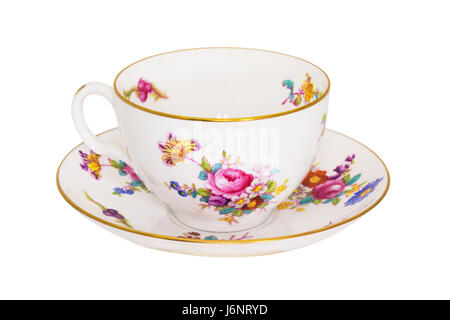 Vintage fine china tea cup and saucer isolated on white. Stock Photo