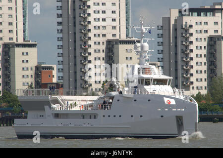 Game Changer, a newly built Yacht Support Vessel by the Damen Shipyards Group arrives on the River Thames in London as part of a promotional tour. Stock Photo