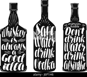 Drinks, alcoholic beverages label set. Whiskey bottle, vodka, absinthe icon or symbol. Handwritten lettering vector illustration Stock Vector