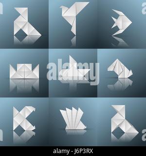 Origami icon. Ship. pajarita, pigeon, fish, piranha, ship, dog,  Stock Vector