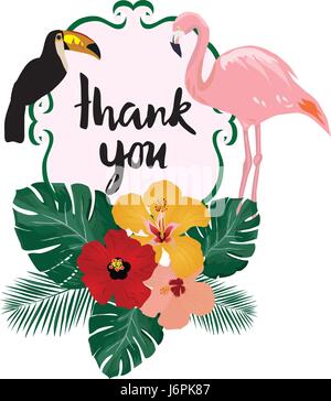 vector illustration of thank you card note with birds flamingo, toucan, tropical flowers Stock Vector