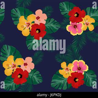 vector illustration of seamless tropical background with hibiscus flowers, palm leaves Stock Vector