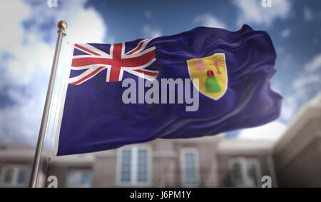 Turks and Caicos Islands Flag 3D Rendering on Blue Sky Building Background Stock Photo