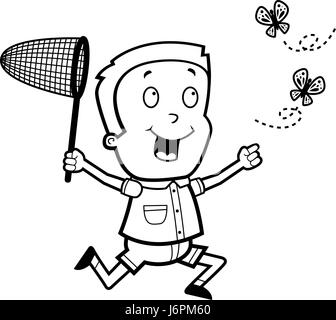 A happy cartoon boy chasing butterflies with a net. Stock Vector