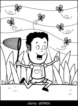 A happy cartoon boy chasing butterflies. Stock Vector