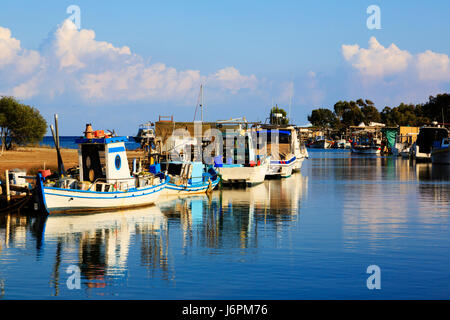 Traditional Cypriot fishing boats moored in Potamos Creek near Liopetri, Cyprus. Stock Photo