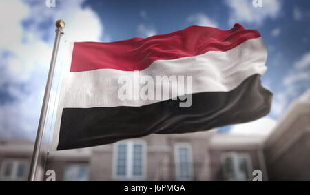 Yemen Flag 3D Rendering on Blue Sky Building Background Stock Photo