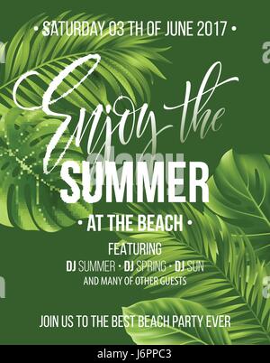 Tropical background with exotic palm leaves. Enjoy the summer party poster or flyer design. Vector illustration Stock Vector