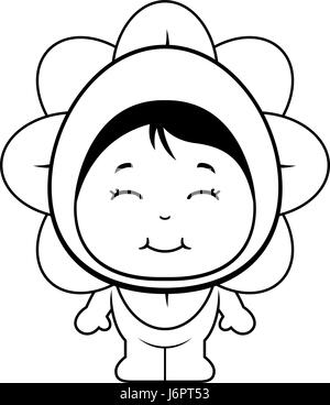 A happy cartoon girl in a flower costume standing and smiling. Stock Vector