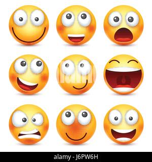 Smiley set,smiling emoticon. Yellow face with emotions. Facial expression. 3d realistic emoji. Funny cartoon character.Mood. Web icon. Vector illustration. Stock Vector