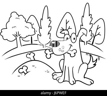 A happy cartoon dog burying bones in the ground. Stock Vector