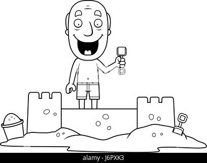 A cartoon illustration of a man building a sandcastle. Stock Vector