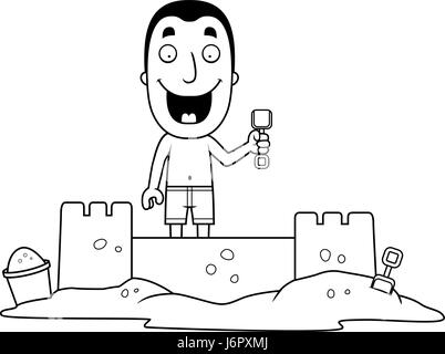 A cartoon illustration of a man building a sandcastle. Stock Vector