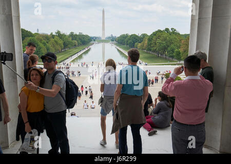 looking out of the lincoln memorial along the national mall and reflecting pool Washington DC USA Stock Photo