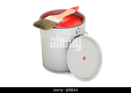 Can with red paint and brush, 3D rendering Stock Photo