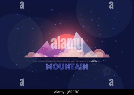 night view of high mountains. vector, beautiful landscape. cartoon style mountain logo. extreme sports and tourism banner design. winter adventure bac Stock Vector