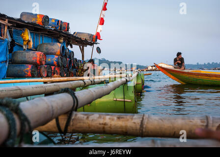 A scene in the floating village on Jatiluhur Dam where the villagers work on aquaculture, located in Purwakarta, West Java, Indonesia. Stock Photo