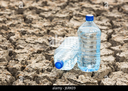Bottle with water on the dried ground. Global drought, warming. Dried soil. Stock Photo