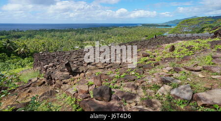 Coastal landscape viewpoint from an ancient stone structure on the island of Huahine in French Polynesia, marae Paepae Ofata, south Pacific ocean Stock Photo