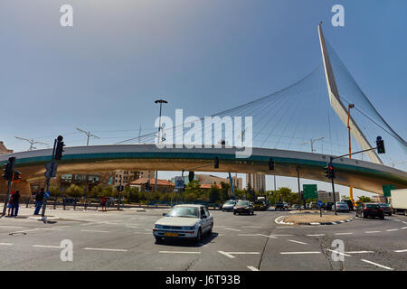 Tel Aviv - 20.04.2017:  Jerusalem city center famous bridge and transportation Stock Photo