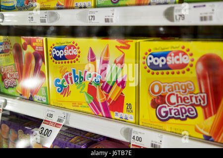 Popsicle brand boxes of popsicles in the freezer section of a grocery store Stock Photo