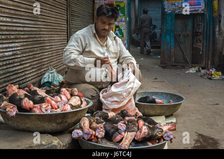 Delhi, India - 10 November 2012 - Man selling fresh meat on the sidewalk, a customary way of street trade in India. Stock Photo