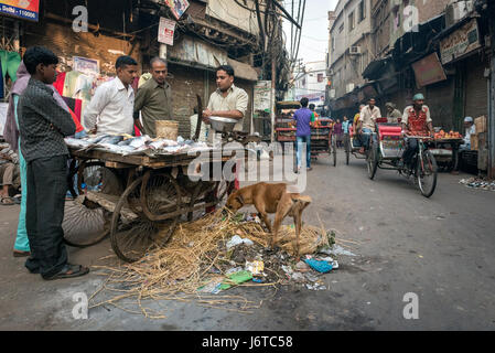 Delhi, India - 10 November 2012 - Man Selling fish from a pushcart in the middle of  street. Stock Photo